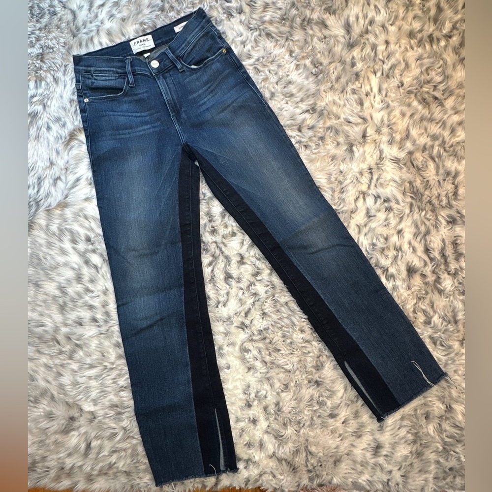 FRAME Straight Leg Dark Blue Jeans Two Tone Detail Stretch Denim size 25 XS